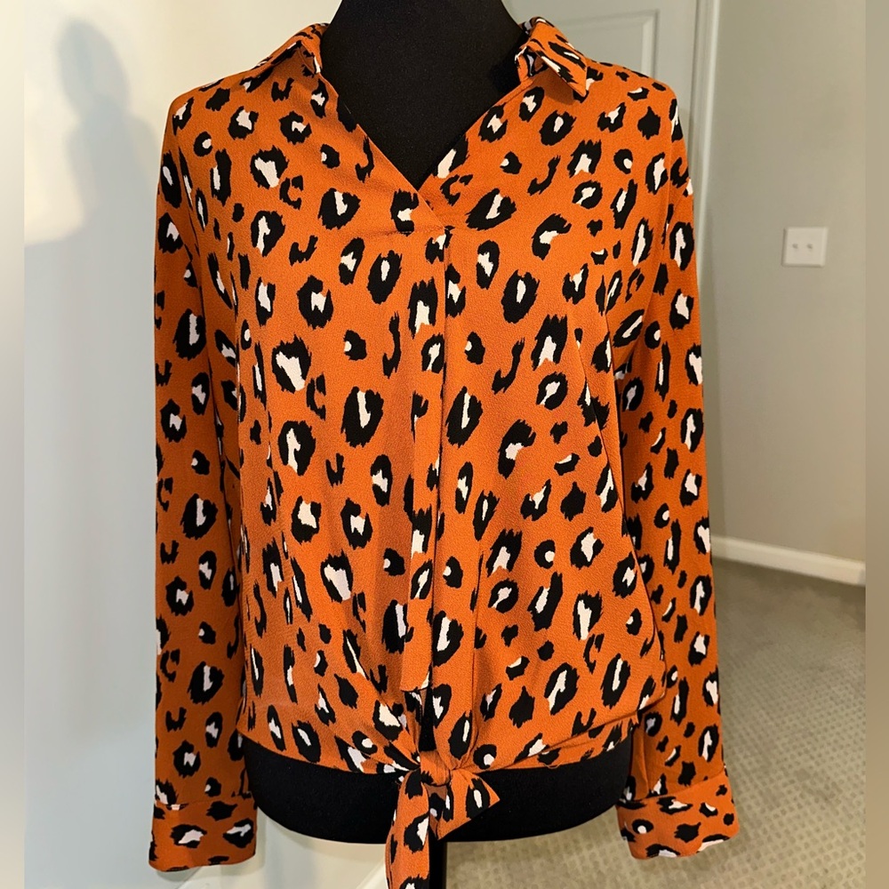 Pink Rose Orange Black Tie Front Shirt (Juniors)